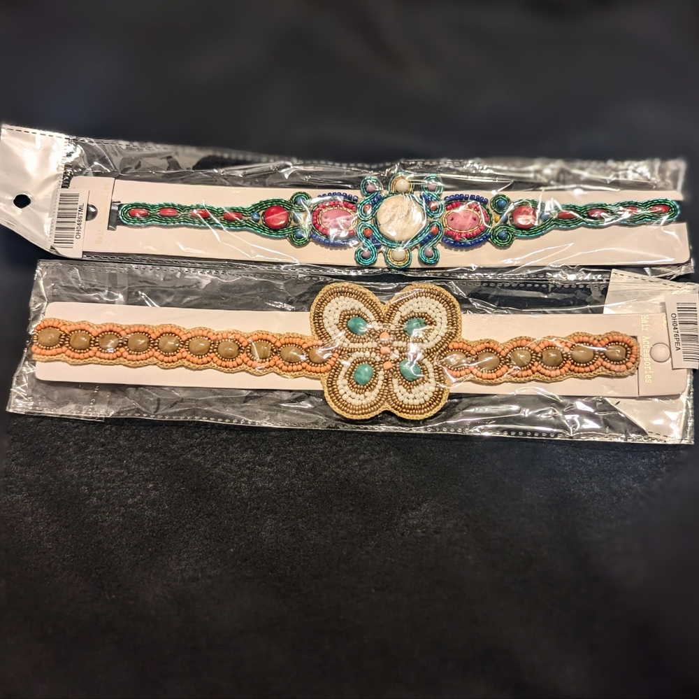 2pc Unique Beaded Headbands with Floral Accents
